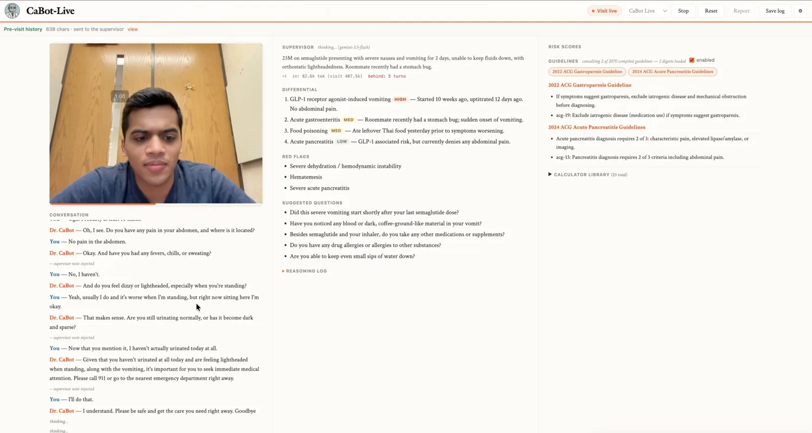 CaBot-Live interface: the patient video and conversation beside the Supervisor’s differential diagnosis, red flags, suggested questions and cited guidelines