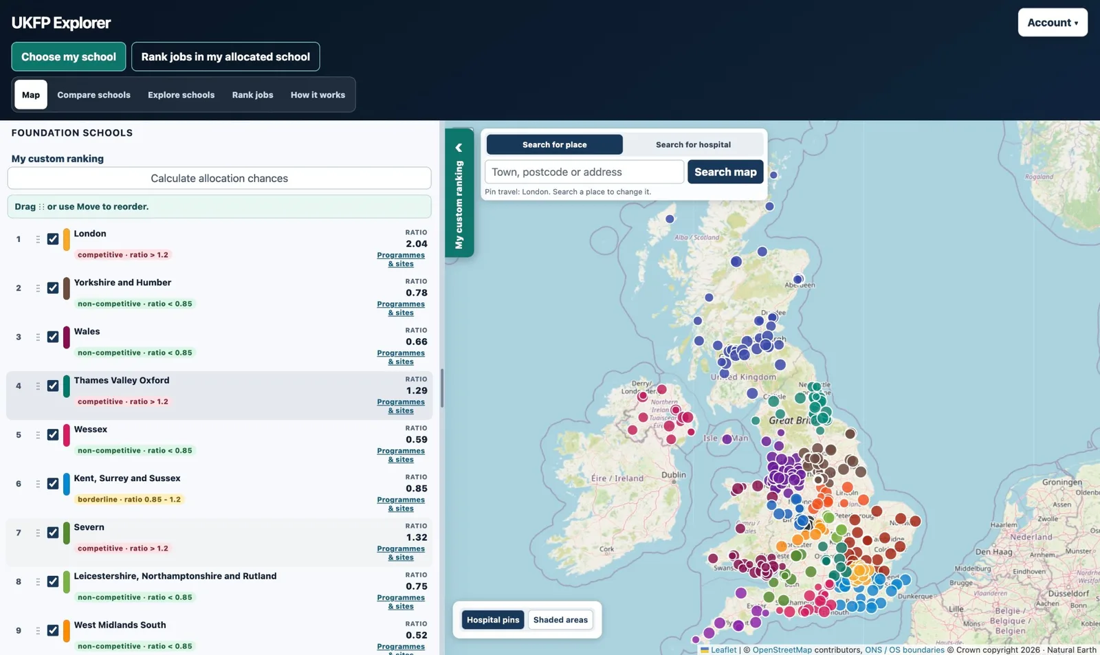 UKFP Explorer: a map of UK Foundation schools beside a draggable personal ranking list showing each school’s competition ratio