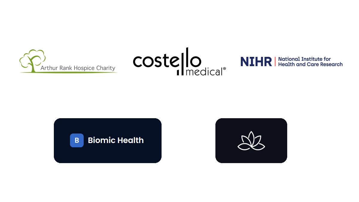 Logos of Arthur Rank Hospice Charity, Costello Medical, the National Institute for Health and Care Research, Biomic Health and Lotus