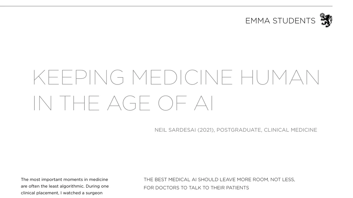 The opening of the article Keeping Medicine Human in the Age of AI in the Emmanuel Review 2026